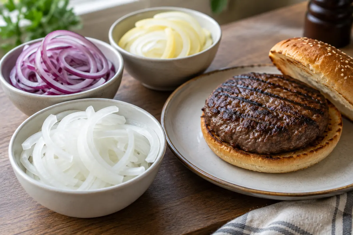 Thin white and red onion rings beside a burger for raw topping comparison