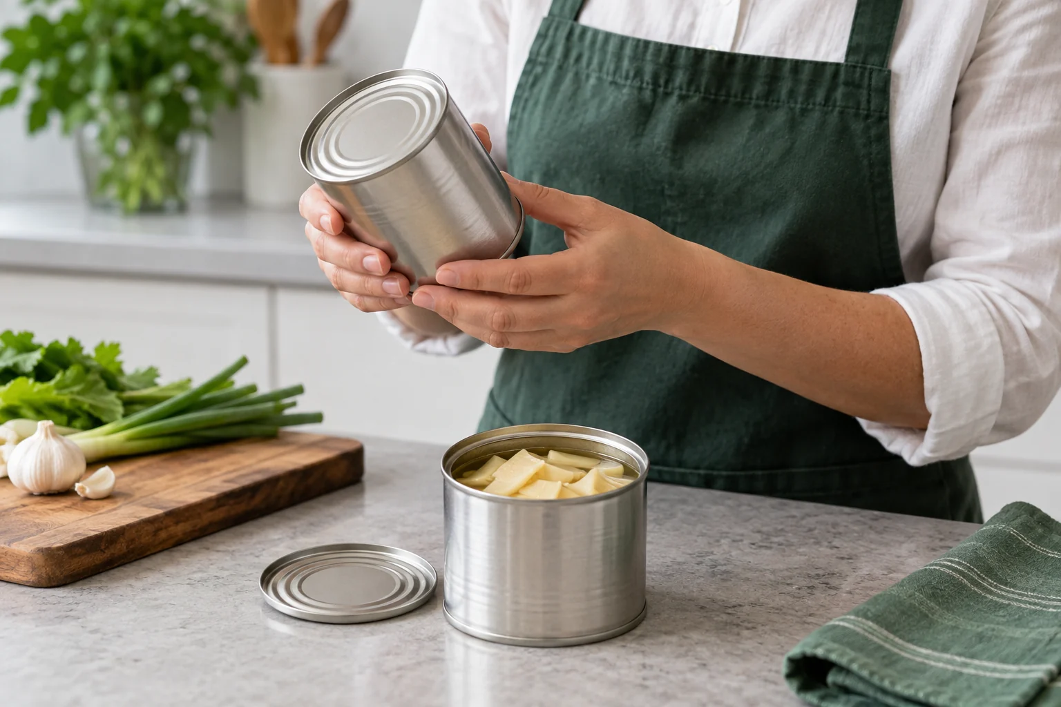 Unopened and opened cans of bamboo shoots on a kitchen counter