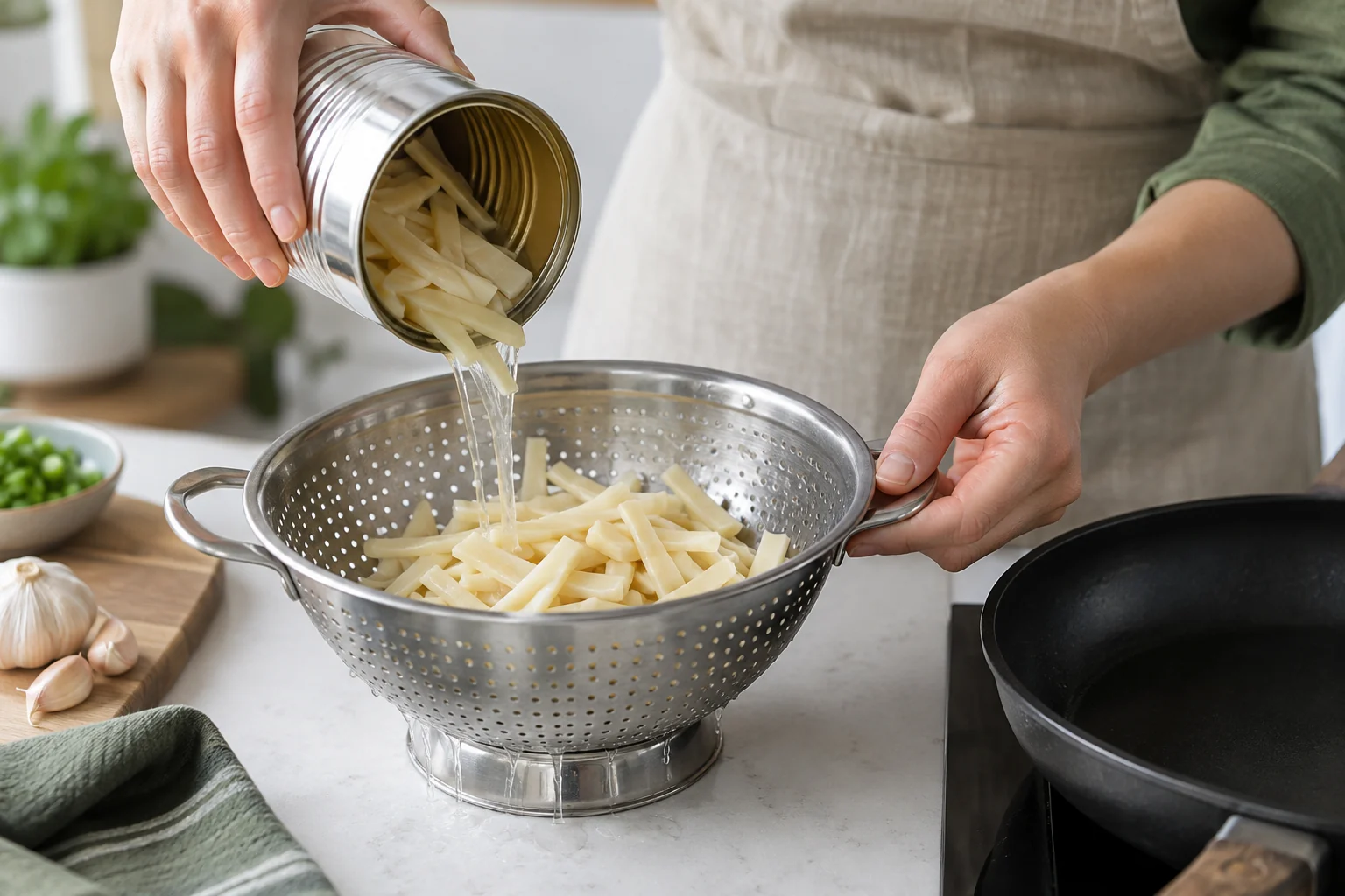 Canned bamboo shoot strips poured into a colander Canned bamboo shoot strips poured into a colander