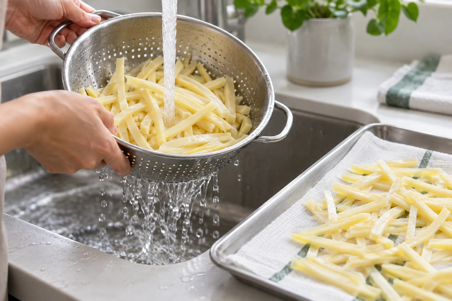 Canned bamboo shoot strips rinsed and drained before cooking