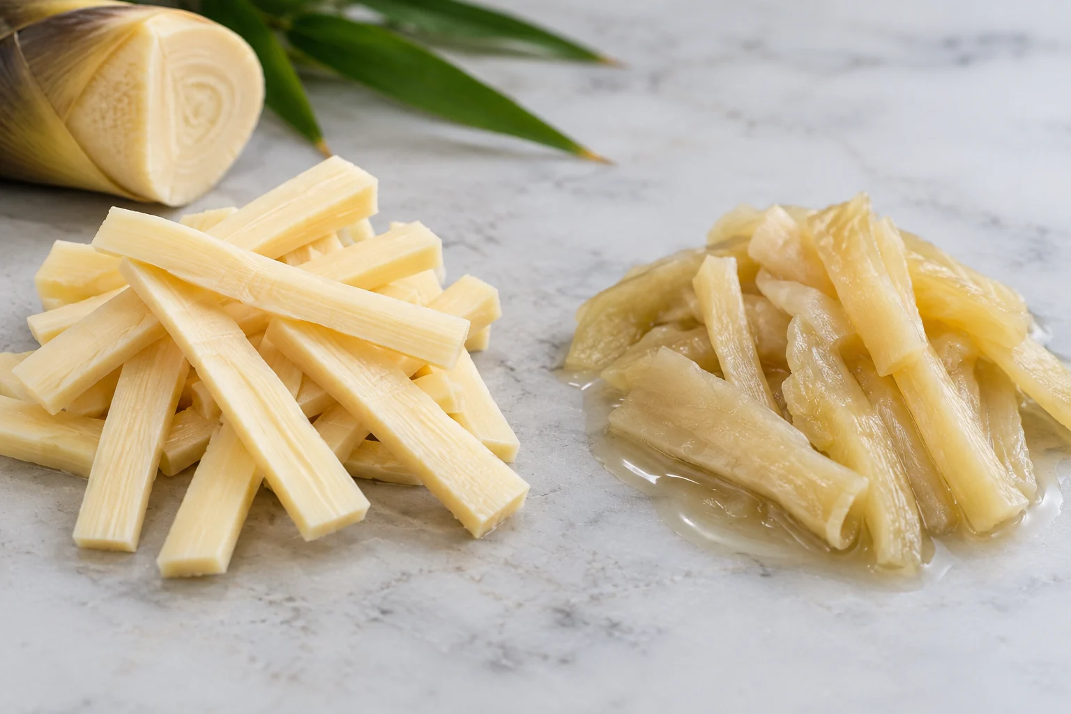 Firm bamboo strips beside softer overcooked strips